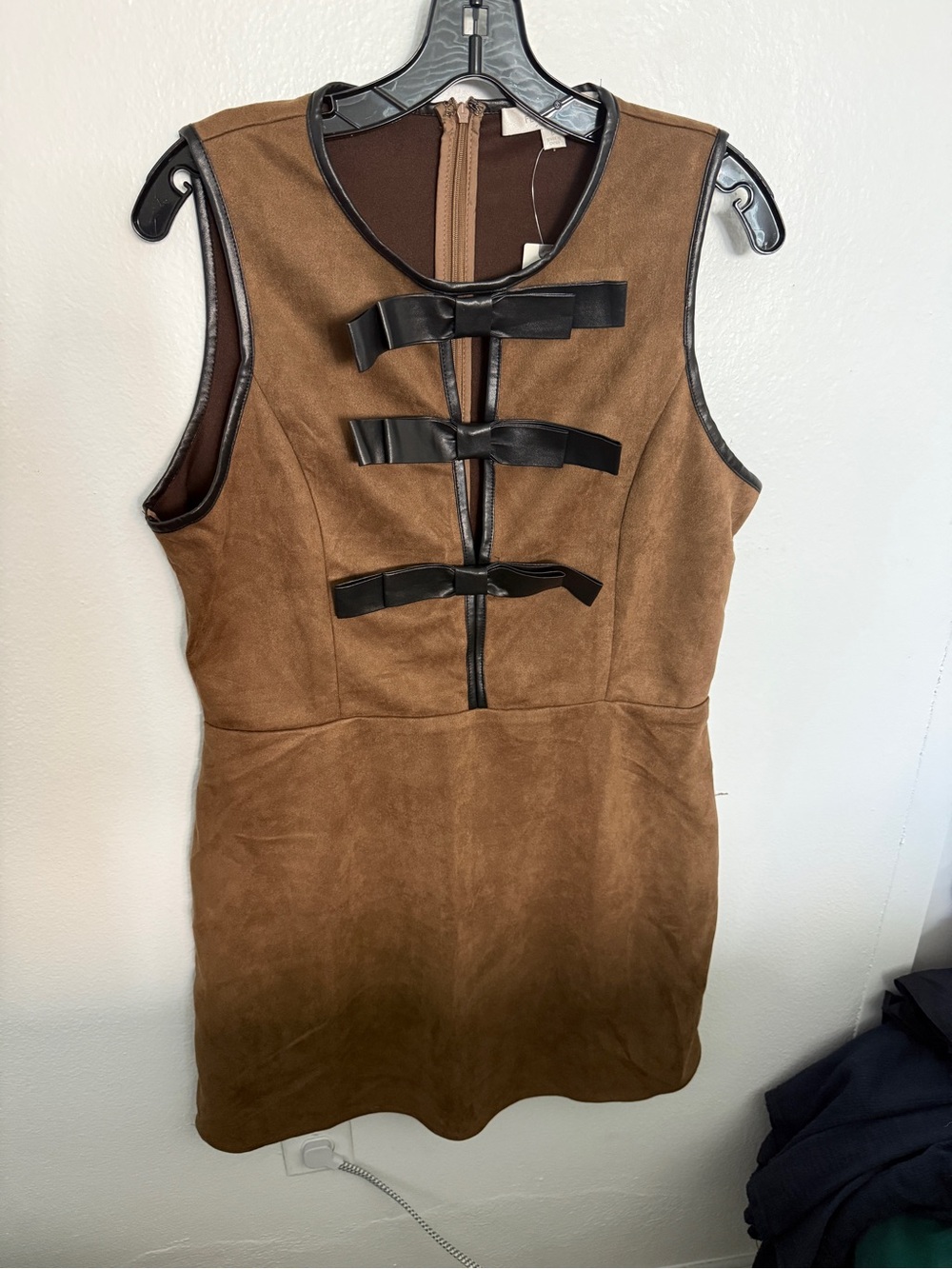 Anthropologie Brown Sleeveless Faux Suede Mini Dress with Black Bow Accents